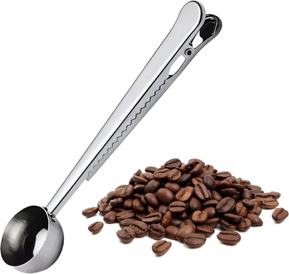® Coffee Bean Measuring Spoon with Bag Clip | Stainless Steel Coffee Scoop with Built-in Bag Sealer | Coffee Spoons | Bar Spoon (Gold)
