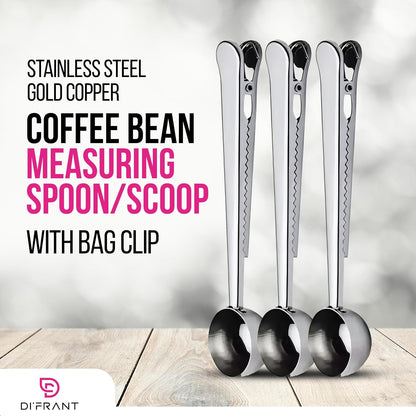 ® Coffee Bean Measuring Spoon with Bag Clip | Stainless Steel Coffee Scoop with Built-in Bag Sealer | Coffee Spoons | Bar Spoon (Gold)