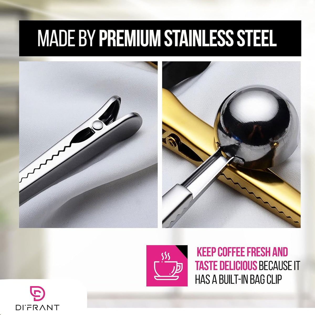 ® Coffee Bean Measuring Spoon with Bag Clip | Stainless Steel Coffee Scoop with Built-in Bag Sealer | Coffee Spoons | Bar Spoon (Gold)