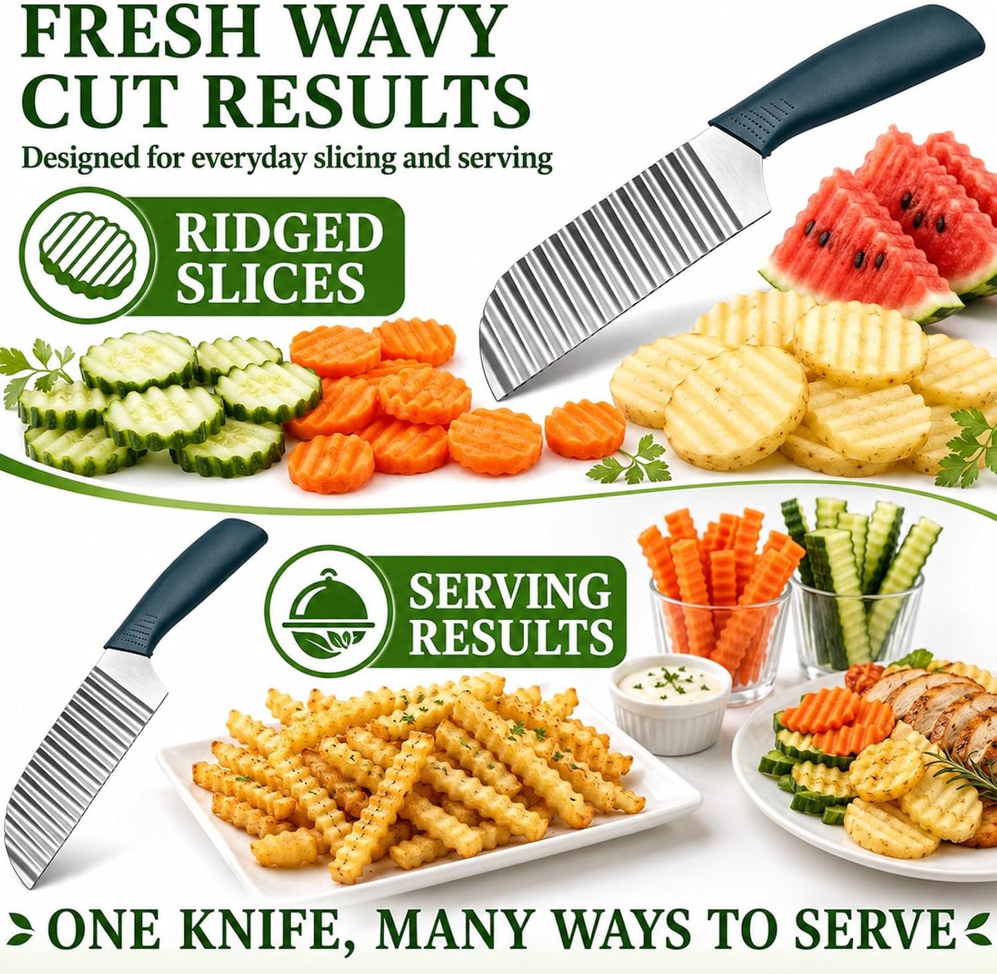 Suuker Crinkle Cut Knife, Stainless Steel Wave Cutter | Ergonomic Handle, For Veggies, Potato, French Fry, For Cucumber, Carrot, Fruit, Wave Chopper