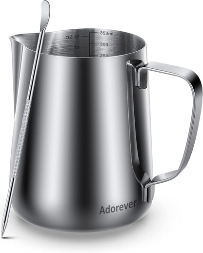 Milk Frothing Pitcher, 8.5oz/12oz/20oz/32oz/50oz/66oz Milk Frother Cup Stainless Steel, Espresso Accessories, Milk Steaming Pitchers Coffee Cappuccino Latte Art Barista Milk Jug Cup with Art Pen,12oz