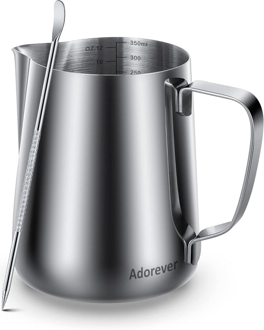 Milk Frothing Pitcher, 8.5oz/12oz/20oz/32oz/50oz/66oz Milk Frother Cup Stainless Steel, Espresso Accessories, Milk Steaming Pitchers Coffee Cappuccino Latte Art Barista Milk Jug Cup with Art Pen,12oz