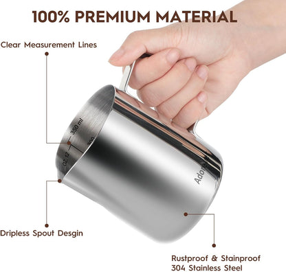 Milk Frothing Pitcher, 8.5oz/12oz/20oz/32oz/50oz/66oz Milk Frother Cup Stainless Steel, Espresso Accessories, Milk Steaming Pitchers Coffee Cappuccino Latte Art Barista Milk Jug Cup with Art Pen,12oz