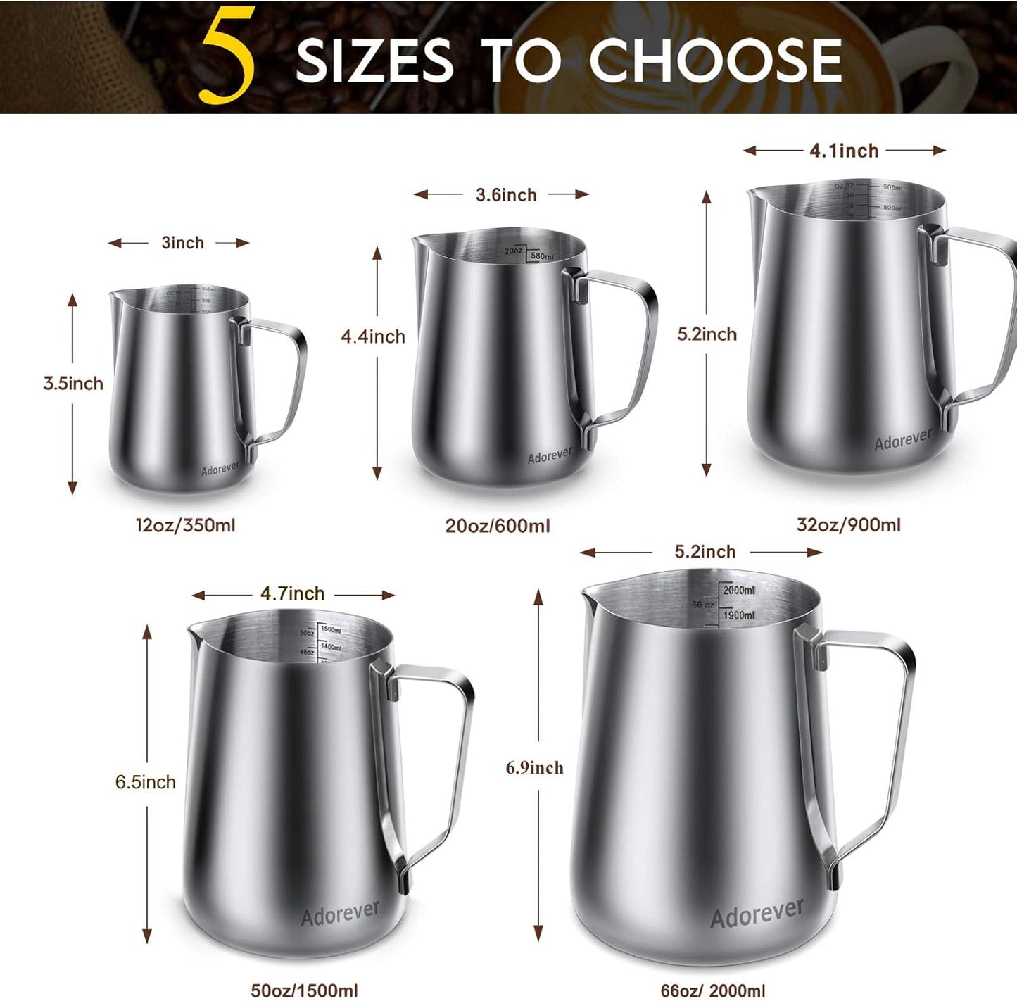 Milk Frothing Pitcher, 8.5oz/12oz/20oz/32oz/50oz/66oz Milk Frother Cup Stainless Steel, Espresso Accessories, Milk Steaming Pitchers Coffee Cappuccino Latte Art Barista Milk Jug Cup with Art Pen,12oz