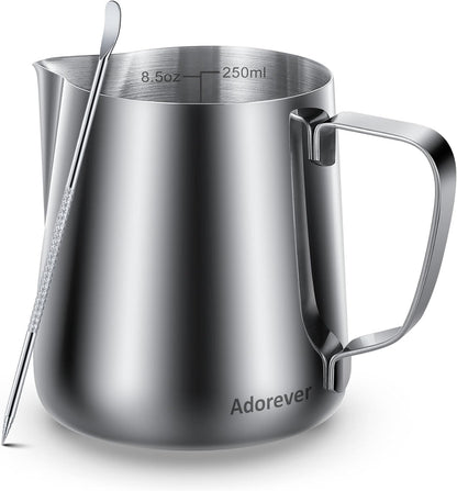 Milk Frothing Pitcher, 8.5oz/12oz/20oz/32oz/50oz/66oz Milk Frother Cup Stainless Steel, Espresso Accessories, Milk Steaming Pitchers Coffee Cappuccino Latte Art Barista Milk Jug Cup with Art Pen,12oz