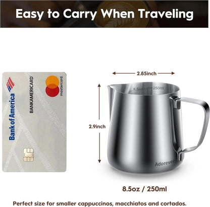Milk Frothing Pitcher, 8.5oz/12oz/20oz/32oz/50oz/66oz Milk Frother Cup Stainless Steel, Espresso Accessories, Milk Steaming Pitchers Coffee Cappuccino Latte Art Barista Milk Jug Cup with Art Pen,12oz