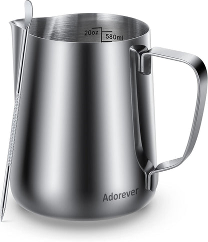 Milk Frothing Pitcher, 8.5oz/12oz/20oz/32oz/50oz/66oz Milk Frother Cup Stainless Steel, Espresso Accessories, Milk Steaming Pitchers Coffee Cappuccino Latte Art Barista Milk Jug Cup with Art Pen,12oz