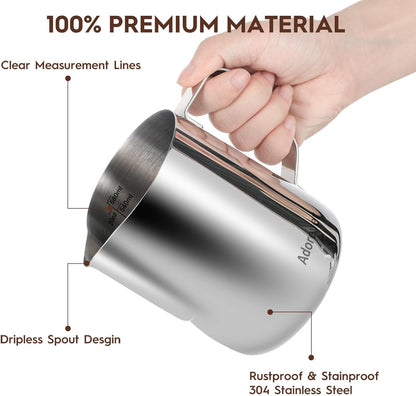 Milk Frothing Pitcher, 8.5oz/12oz/20oz/32oz/50oz/66oz Milk Frother Cup Stainless Steel, Espresso Accessories, Milk Steaming Pitchers Coffee Cappuccino Latte Art Barista Milk Jug Cup with Art Pen,12oz