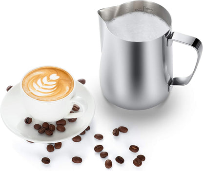 Milk Frothing Pitcher, 8.5oz/12oz/20oz/32oz/50oz/66oz Milk Frother Cup Stainless Steel, Espresso Accessories, Milk Steaming Pitchers Coffee Cappuccino Latte Art Barista Milk Jug Cup with Art Pen,12oz