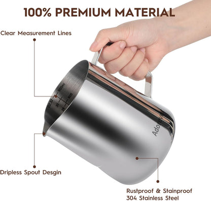 Milk Frothing Pitcher, 8.5oz/12oz/20oz/32oz/50oz/66oz Milk Frother Cup Stainless Steel, Espresso Accessories, Milk Steaming Pitchers Coffee Cappuccino Latte Art Barista Milk Jug Cup with Art Pen,12oz