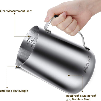 Milk Frothing Pitcher, 8.5oz/12oz/20oz/32oz/50oz/66oz Milk Frother Cup Stainless Steel, Espresso Accessories, Milk Steaming Pitchers Coffee Cappuccino Latte Art Barista Milk Jug Cup with Art Pen,12oz
