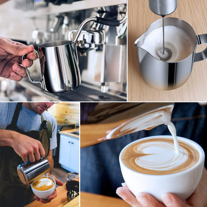 Milk Frothing Pitcher, 8.5oz/12oz/20oz/32oz/50oz/66oz Milk Frother Cup Stainless Steel, Espresso Accessories, Milk Steaming Pitchers Coffee Cappuccino Latte Art Barista Milk Jug Cup with Art Pen,12oz