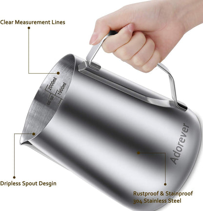 Milk Frothing Pitcher, 8.5oz/12oz/20oz/32oz/50oz/66oz Milk Frother Cup Stainless Steel, Espresso Accessories, Milk Steaming Pitchers Coffee Cappuccino Latte Art Barista Milk Jug Cup with Art Pen,12oz