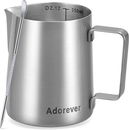 Milk Frothing Pitcher, 8.5oz/12oz/20oz/32oz/50oz/66oz Milk Frother Cup Stainless Steel, Espresso Accessories, Milk Steaming Pitchers Coffee Cappuccino Latte Art Barista Milk Jug Cup with Art Pen,12oz