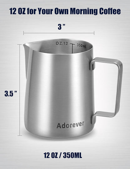 Milk Frothing Pitcher, 8.5oz/12oz/20oz/32oz/50oz/66oz Milk Frother Cup Stainless Steel, Espresso Accessories, Milk Steaming Pitchers Coffee Cappuccino Latte Art Barista Milk Jug Cup with Art Pen,12oz