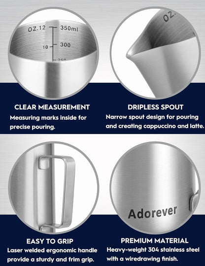 Milk Frothing Pitcher, 8.5oz/12oz/20oz/32oz/50oz/66oz Milk Frother Cup Stainless Steel, Espresso Accessories, Milk Steaming Pitchers Coffee Cappuccino Latte Art Barista Milk Jug Cup with Art Pen,12oz