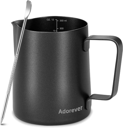 Milk Frothing Pitcher, 8.5oz/12oz/20oz/32oz/50oz/66oz Milk Frother Cup Stainless Steel, Espresso Accessories, Milk Steaming Pitchers Coffee Cappuccino Latte Art Barista Milk Jug Cup with Art Pen,12oz
