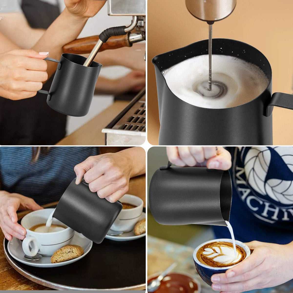 Milk Frothing Pitcher, 8.5oz/12oz/20oz/32oz/50oz/66oz Milk Frother Cup Stainless Steel, Espresso Accessories, Milk Steaming Pitchers Coffee Cappuccino Latte Art Barista Milk Jug Cup with Art Pen,12oz
