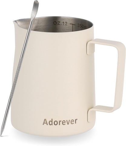 Milk Frothing Pitcher, 8.5oz/12oz/20oz/32oz/50oz/66oz Milk Frother Cup Stainless Steel, Espresso Accessories, Milk Steaming Pitchers Coffee Cappuccino Latte Art Barista Milk Jug Cup with Art Pen,12oz