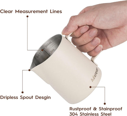 Milk Frothing Pitcher, 8.5oz/12oz/20oz/32oz/50oz/66oz Milk Frother Cup Stainless Steel, Espresso Accessories, Milk Steaming Pitchers Coffee Cappuccino Latte Art Barista Milk Jug Cup with Art Pen,12oz