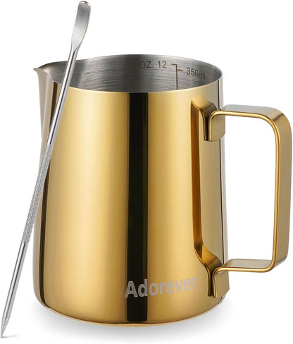 Milk Frothing Pitcher, 8.5oz/12oz/20oz/32oz/50oz/66oz Milk Frother Cup Stainless Steel, Espresso Accessories, Milk Steaming Pitchers Coffee Cappuccino Latte Art Barista Milk Jug Cup with Art Pen,12oz