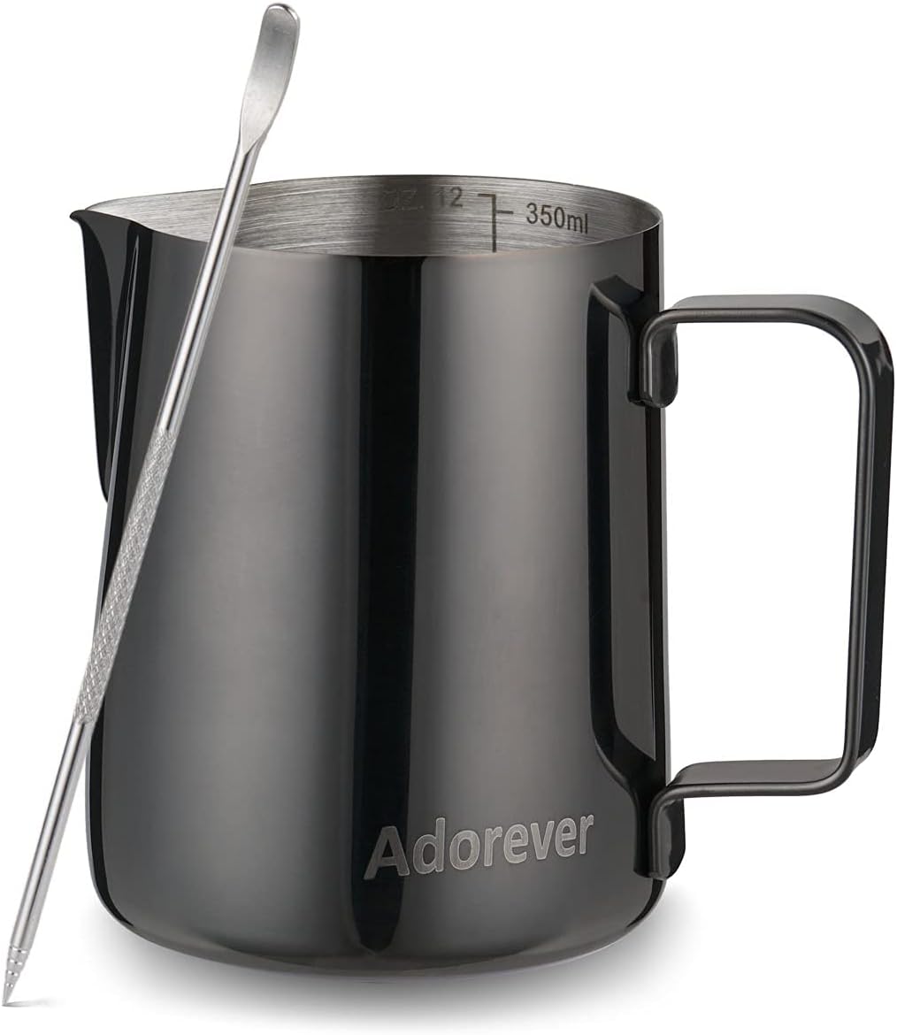 Milk Frothing Pitcher, 8.5oz/12oz/20oz/32oz/50oz/66oz Milk Frother Cup Stainless Steel, Espresso Accessories, Milk Steaming Pitchers Coffee Cappuccino Latte Art Barista Milk Jug Cup with Art Pen,12oz
