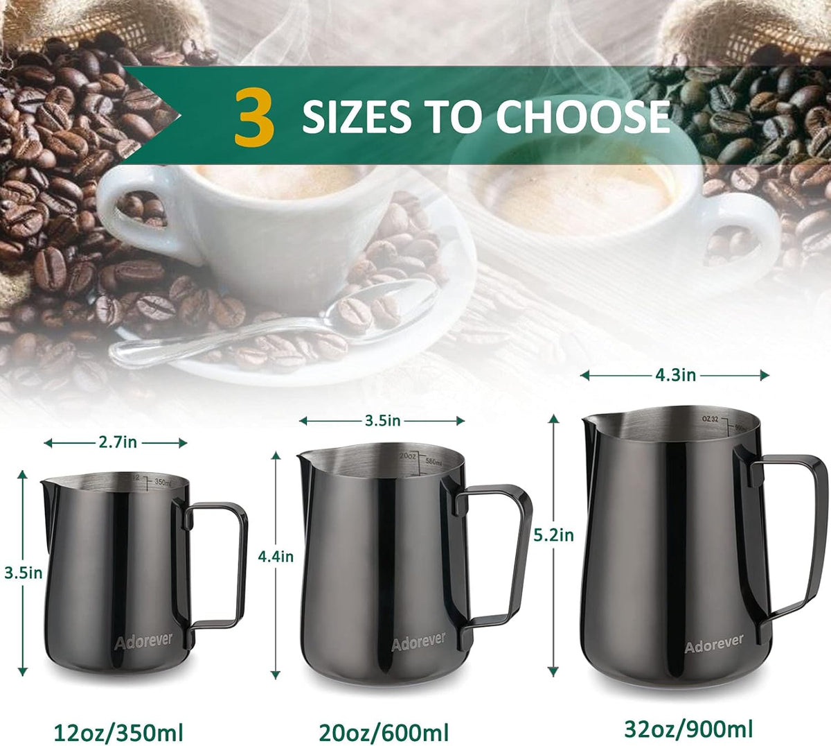 Milk Frothing Pitcher, 8.5oz/12oz/20oz/32oz/50oz/66oz Milk Frother Cup Stainless Steel, Espresso Accessories, Milk Steaming Pitchers Coffee Cappuccino Latte Art Barista Milk Jug Cup with Art Pen,12oz