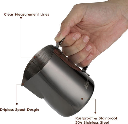 Milk Frothing Pitcher, 8.5oz/12oz/20oz/32oz/50oz/66oz Milk Frother Cup Stainless Steel, Espresso Accessories, Milk Steaming Pitchers Coffee Cappuccino Latte Art Barista Milk Jug Cup with Art Pen,12oz