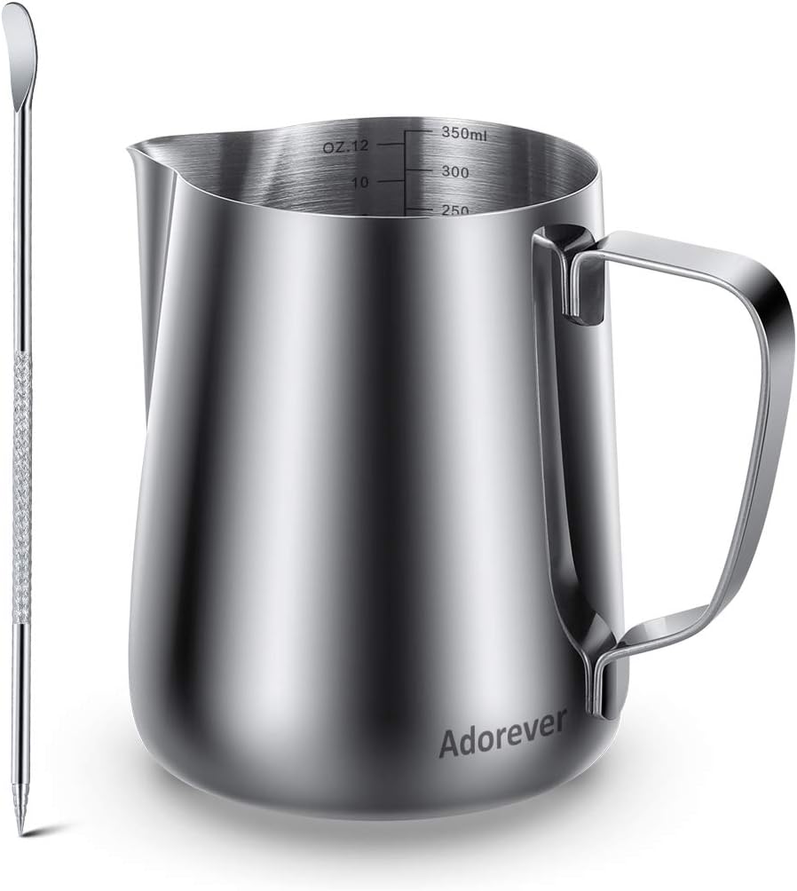 Milk Frothing Pitcher, 8.5oz/12oz/20oz/32oz/50oz/66oz Milk Frother Cup Stainless Steel, Espresso Accessories, Milk Steaming Pitchers Coffee Cappuccino Latte Art Barista Milk Jug Cup with Art Pen,12oz