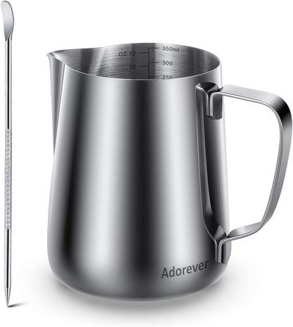 Milk Frothing Pitcher, 8.5oz/12oz/20oz/32oz/50oz/66oz Milk Frother Cup Stainless Steel, Espresso Accessories, Milk Steaming Pitchers Coffee Cappuccino Latte Art Barista Milk Jug Cup with Art Pen,12oz