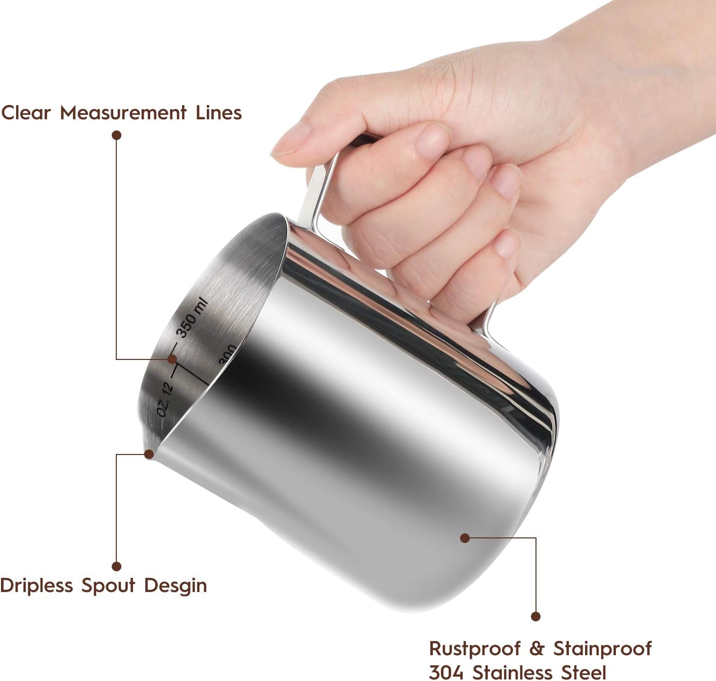Milk Frothing Pitcher, 8.5oz/12oz/20oz/32oz/50oz/66oz Milk Frother Cup Stainless Steel, Espresso Accessories, Milk Steaming Pitchers Coffee Cappuccino Latte Art Barista Milk Jug Cup with Art Pen,12oz
