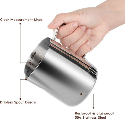 Milk Frothing Pitcher, 8.5oz/12oz/20oz/32oz/50oz/66oz Milk Frother Cup Stainless Steel, Espresso Accessories, Milk Steaming Pitchers Coffee Cappuccino Latte Art Barista Milk Jug Cup with Art Pen,12oz