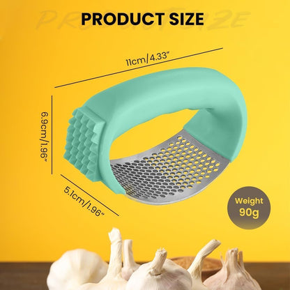 Garlic Press Rocker Stainless Steel, Garlic Crusher with Peeler & Cleaning Brush, Easy to Use Garlic Mincer for Kitchen Cooking, Ergonomic Garlic Chopper Tool, Durable Garlic Presser Gadget (Green)