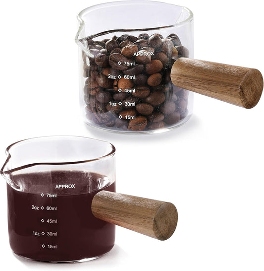 Measuring Cups, Espresso Shot Glass with Dual Scale and Wood Handle,75ml | Double Spouts