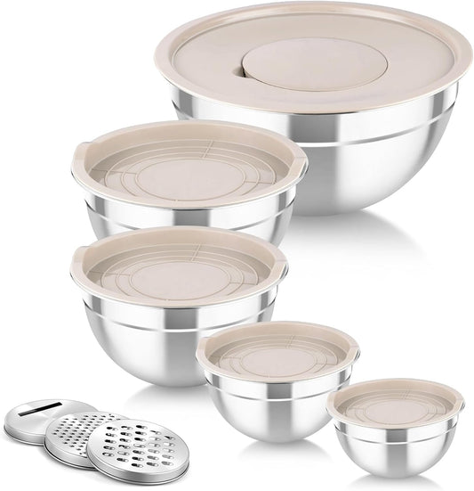 Mixing Bowls with Lids, 5PCS Stainless Steel Metal Salad Bowl | with lids & 3 Grater Attachments, for Cooking/Prepping/Serving, Airtight Lids & Easy Clean - 0.7/1/1.5/2.6/4.6QT, Khaki