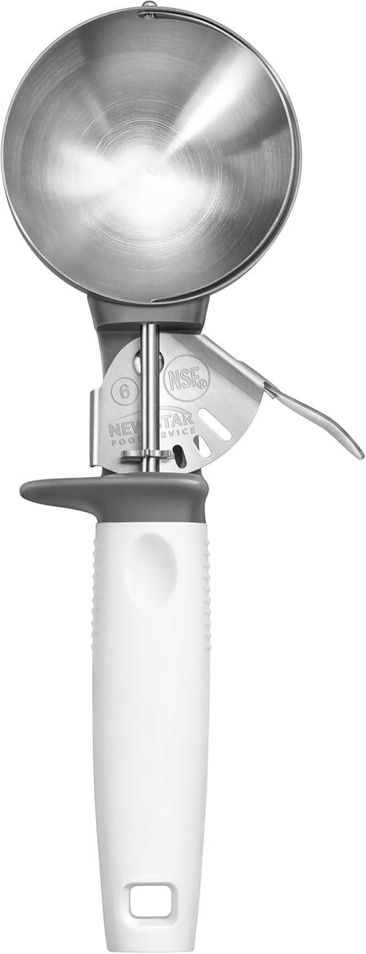 Commercial-Grade Thumb Press Food Disher/Ice Cream Scoop, #6, White Handle, 18-8 Stainless Steel, NSF Certified