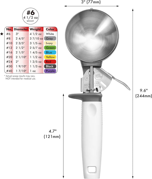 Commercial-Grade Thumb Press Food Disher/Ice Cream Scoop, #6, White Handle, 18-8 Stainless Steel, NSF Certified
