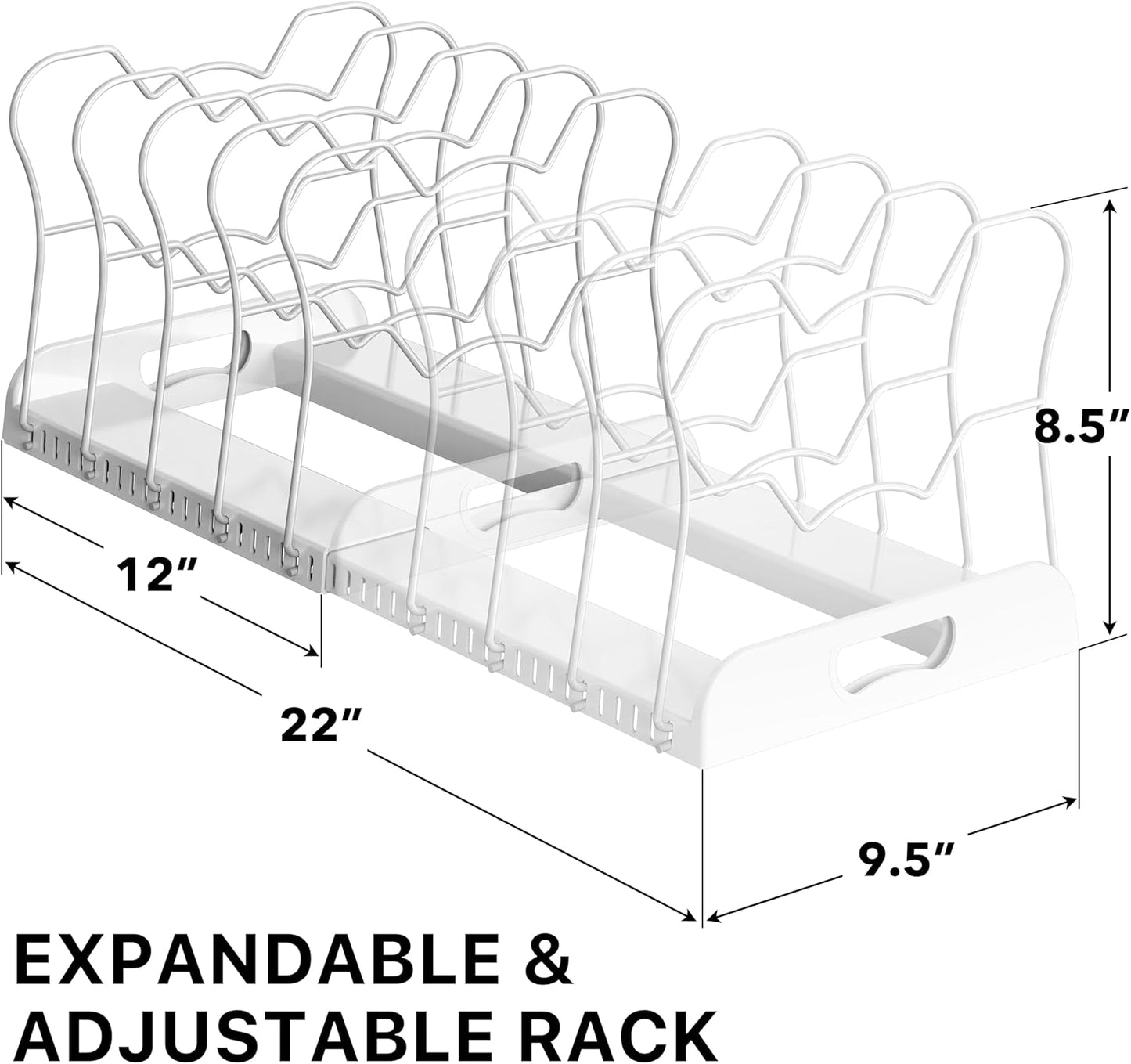 Expandable Pan Rack 10 Adjustable Compartments, White | Kitchen Cabinet Organizer for Pots, Pans, Lids & Bakeware - Pantry & Countertop Storage