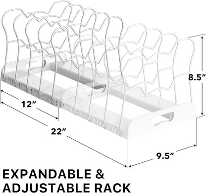 Expandable Pan Rack 10 Adjustable Compartments, White | Kitchen Cabinet Organizer for Pots, Pans, Lids & Bakeware - Pantry & Countertop Storage
