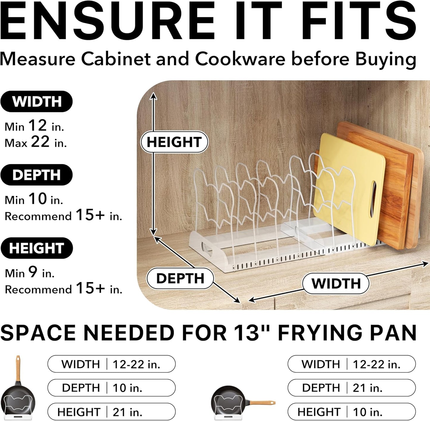 Expandable Pan Rack 10 Adjustable Compartments, White | Kitchen Cabinet Organizer for Pots, Pans, Lids & Bakeware - Pantry & Countertop Storage