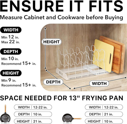 Expandable Pan Rack 10 Adjustable Compartments, White | Kitchen Cabinet Organizer for Pots, Pans, Lids & Bakeware - Pantry & Countertop Storage