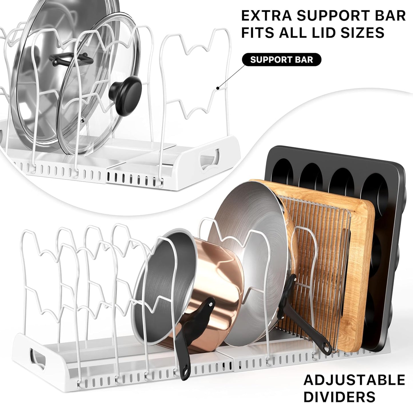 Expandable Pan Rack 10 Adjustable Compartments, White | Kitchen Cabinet Organizer for Pots, Pans, Lids & Bakeware - Pantry & Countertop Storage