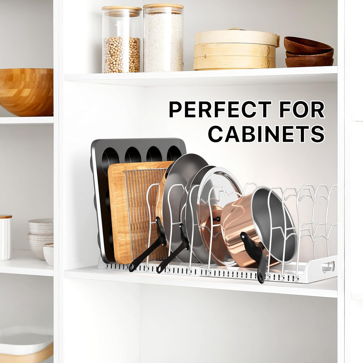Expandable Pan Rack 10 Adjustable Compartments, White | Kitchen Cabinet Organizer for Pots, Pans, Lids & Bakeware - Pantry & Countertop Storage