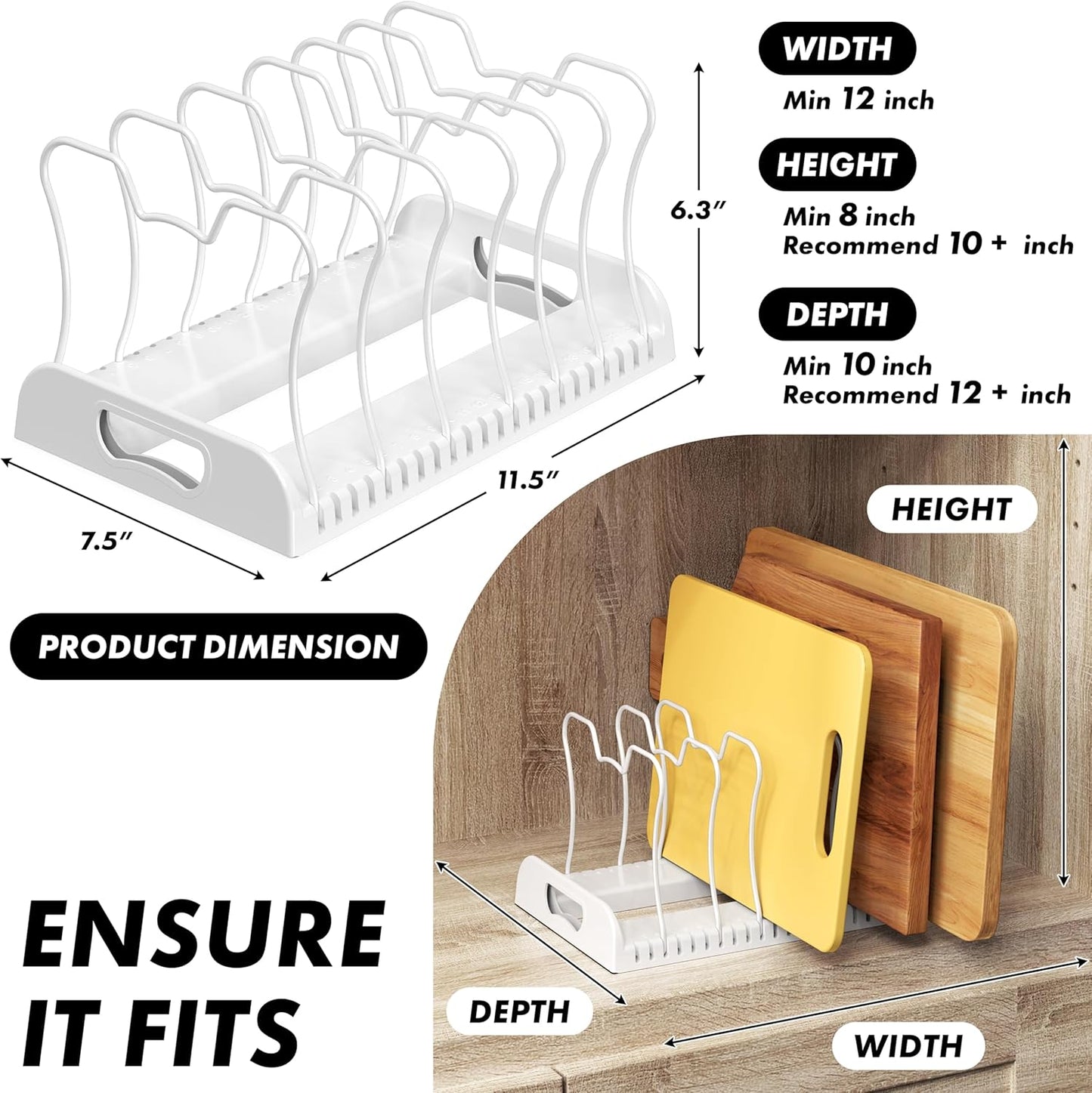 Expandable Pan Rack 10 Adjustable Compartments, White | Kitchen Cabinet Organizer for Pots, Pans, Lids & Bakeware - Pantry & Countertop Storage