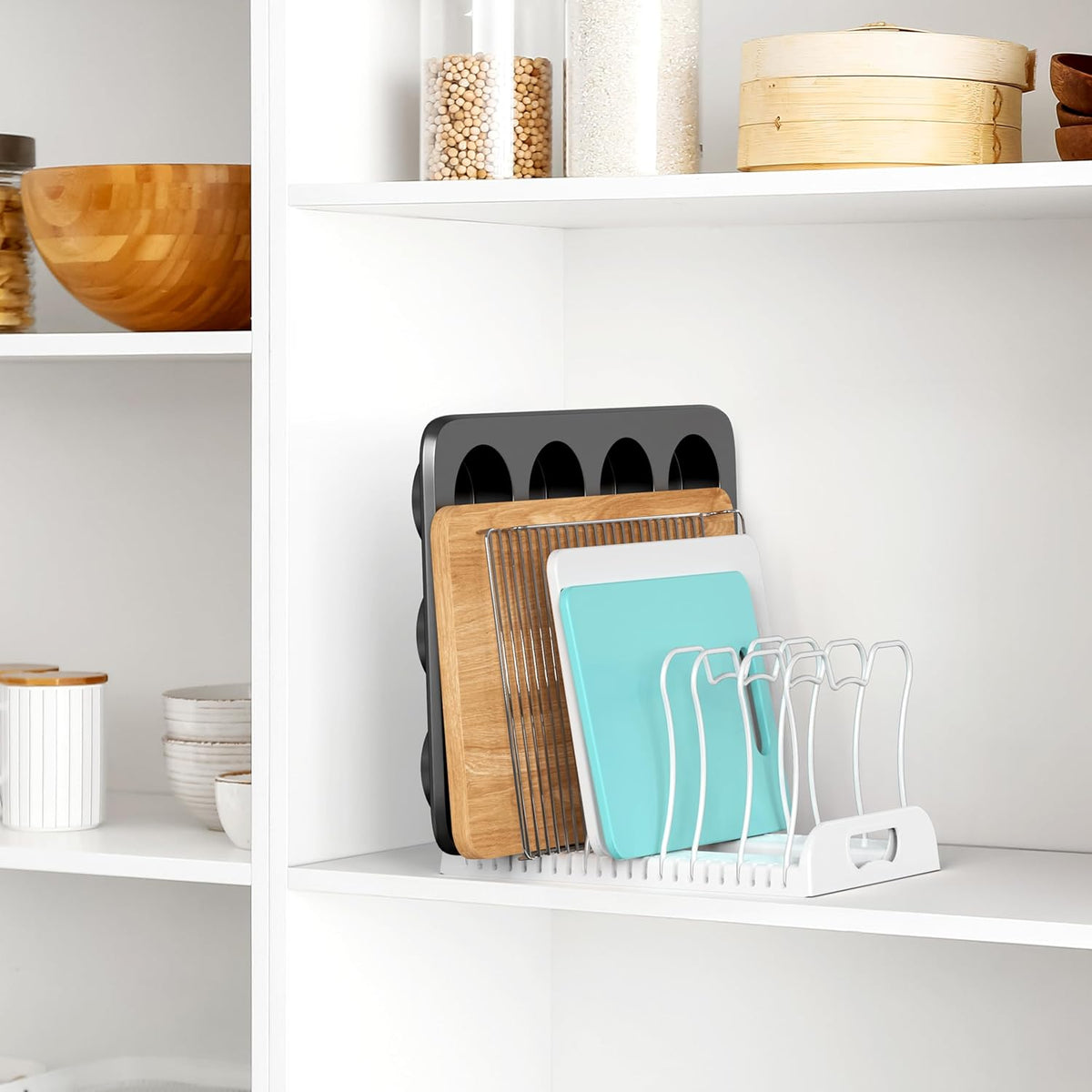 Expandable Pan Rack 10 Adjustable Compartments, White | Kitchen Cabinet Organizer for Pots, Pans, Lids & Bakeware - Pantry & Countertop Storage