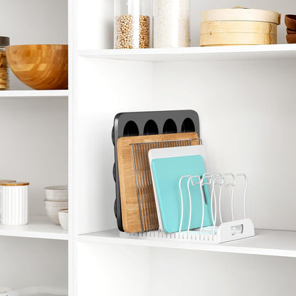 Expandable Pan Rack 10 Adjustable Compartments, White | Kitchen Cabinet Organizer for Pots, Pans, Lids & Bakeware - Pantry & Countertop Storage
