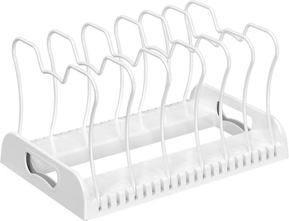 Expandable Pan Rack 10 Adjustable Compartments, White | Kitchen Cabinet Organizer for Pots, Pans, Lids & Bakeware - Pantry & Countertop Storage