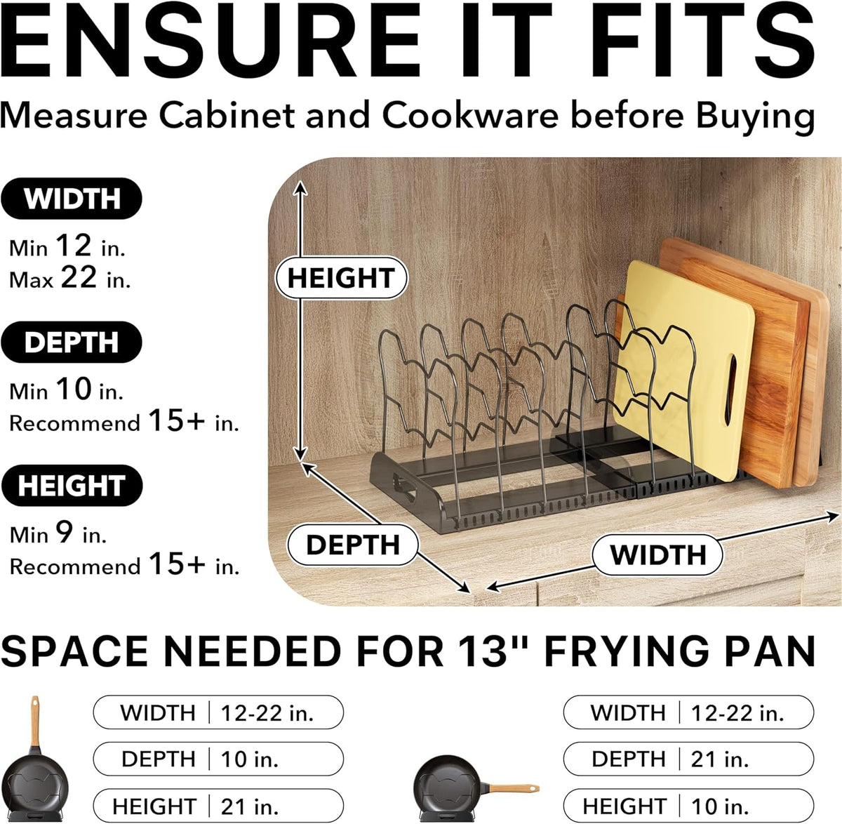Expandable Pan Rack 10 Adjustable Compartments, White | Kitchen Cabinet Organizer for Pots, Pans, Lids & Bakeware - Pantry & Countertop Storage