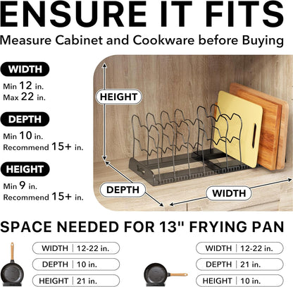 Expandable Pan Rack 10 Adjustable Compartments, White | Kitchen Cabinet Organizer for Pots, Pans, Lids & Bakeware - Pantry & Countertop Storage