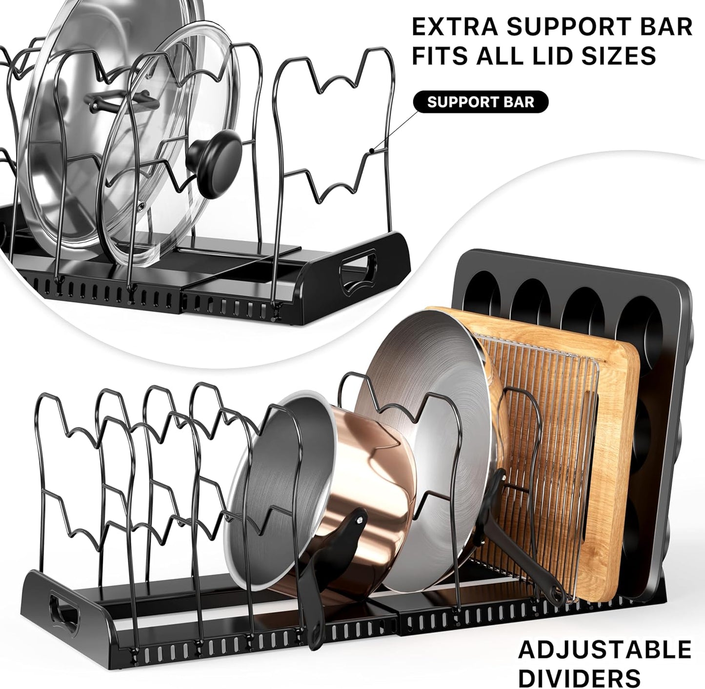 Expandable Pan Rack 10 Adjustable Compartments, White | Kitchen Cabinet Organizer for Pots, Pans, Lids & Bakeware - Pantry & Countertop Storage